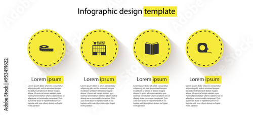Set Tape measure, Supermarket building, Open book and Roulette construction. Business infographic template. Vector