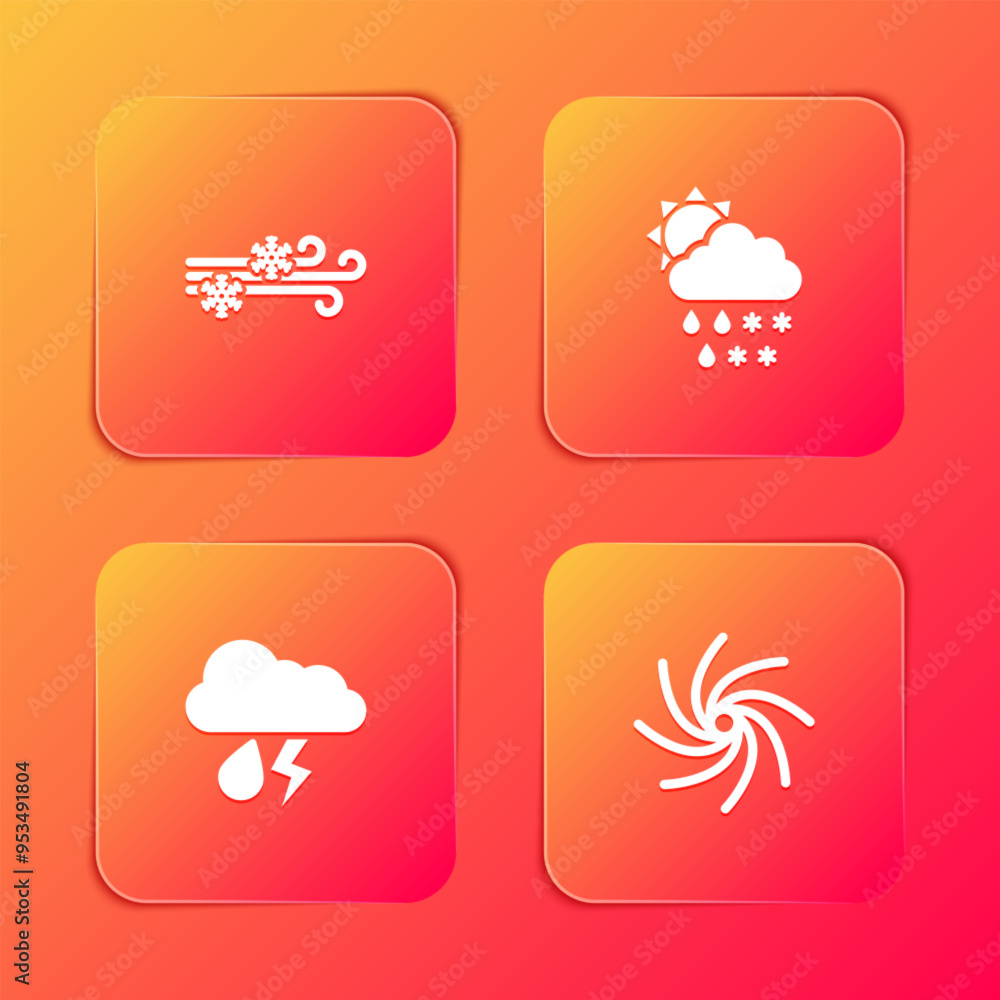 Set Wind and snow, Cloud with snow, rain, sun, lightning and Tornado icon. Vector Set Wind and snow, Cloud with snow, rain, sun, lightning and Tornado icon. Vector