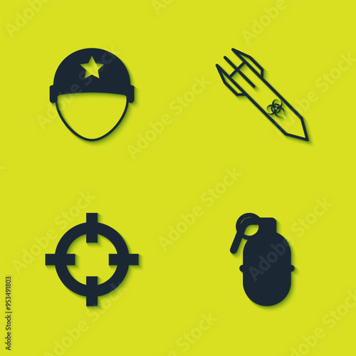 Wallpaper Mural Set Military helmet, Hand grenade, Target sport and Biohazard rocket icon. Vector Torontodigital.ca
