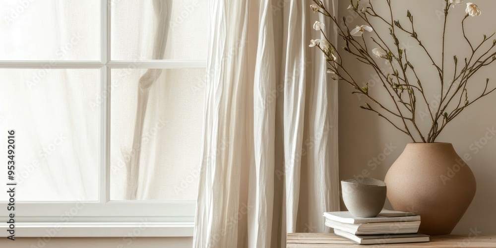 White curtains, window, vase, flowers, books, cup. White curtains, window, vase, flowers, books, cup.