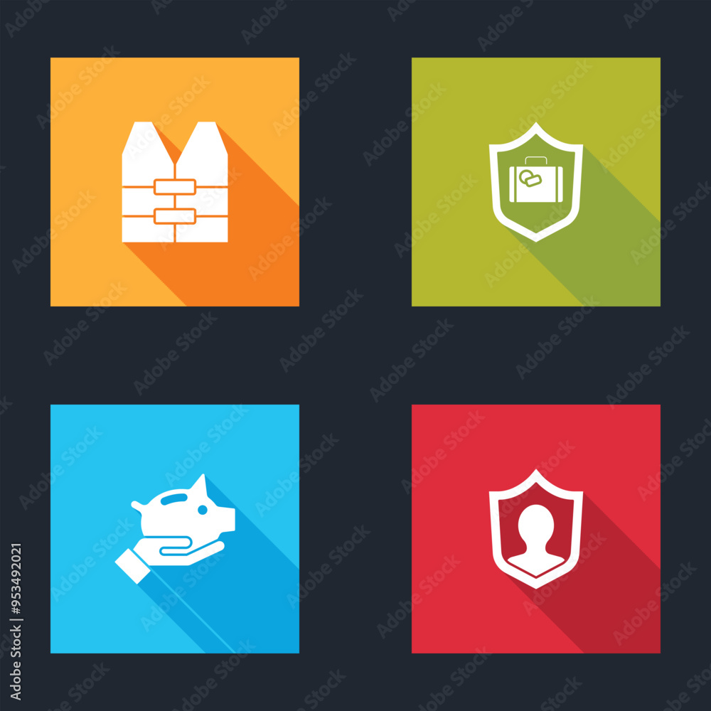 Set Life jacket, Travel suitcase with shield, Piggy bank and insurance icon. Vector Set Life jacket, Travel suitcase with shield, Piggy bank and insurance icon. Vector