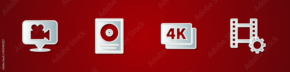 Set Camera and location, CD disk award in frame, 4k Ultra HD and Play Video icon. Vector Set Camera and location, CD disk award in frame, 4k Ultra HD and Play Video icon. Vector