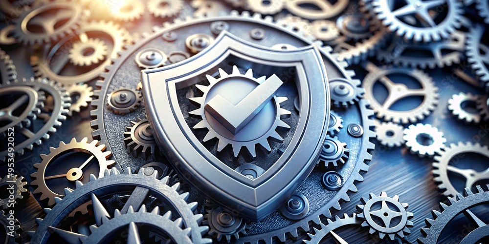 Cybersecurity and Technology Gears Concept. A close-up of interlocking gears with a shield and checkmark symbol, representing the integration of cybersecurity and technology. Cybersecurity and Technology Gears Concept. A close-up of interlocking gears with a shield and checkmark symbol, representing the integration of cybersecurity and technology.