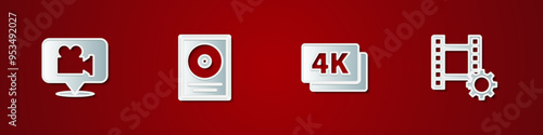 Set Camera and location, CD disk award in frame, 4k Ultra HD and Play Video icon. Vector