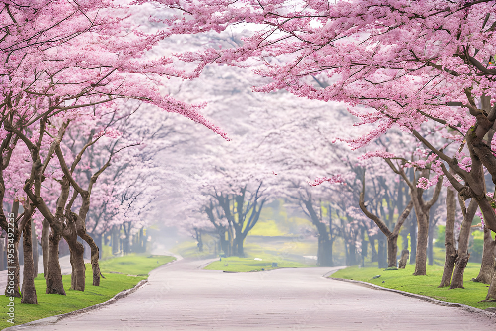 Obraz premium A picturesque pathway framed by rows of vibrant cherry blossom trees in full bloom. The soft pink petals create a tranquil and enchanting atmosphere, perfect for a peaceful walk in nature.