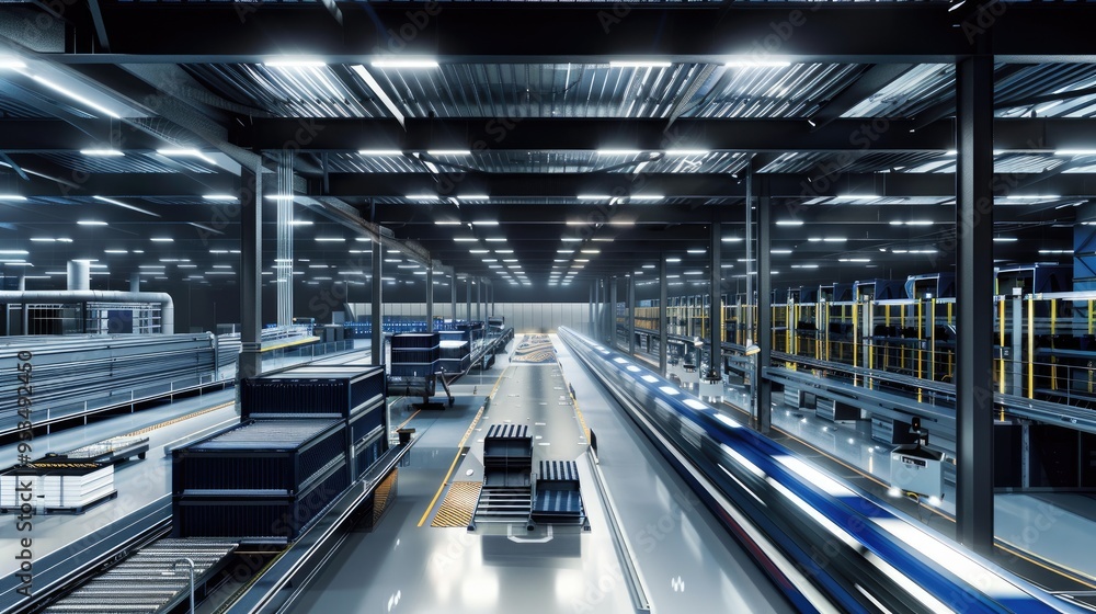 A large warehouse filled with neatly stacked boxes, pallets, and crates, showcasing efficient storage and logistics operations automated warehouse featuring conveyor belts transporting packages A large warehouse filled with neatly stacked boxes, pallets, and crates, showcasing efficient storage and logistics operations automated warehouse featuring conveyor belts transporting packages