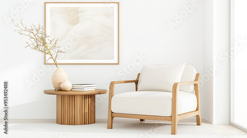 Armchair modern furniture design in bright home decor with artistic vase and artwork