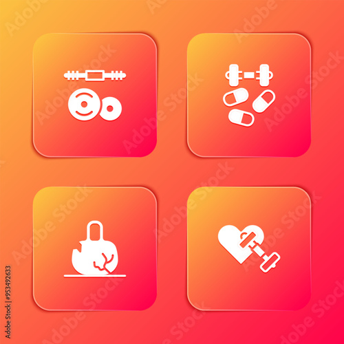 Set Barbell, Sports doping with dumbbell, Broken weight and Dumbbell heart icon. Vector