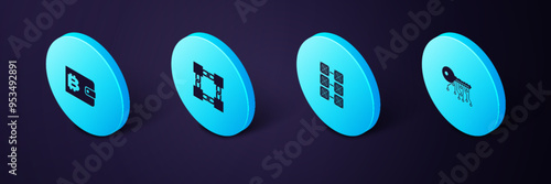 Set Isometric Cryptocurrency key, Mining farm, Blockchain technology and wallet icon. Vector
