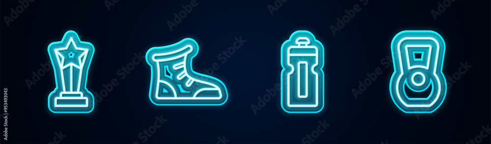 Set line Award cup, Sport boxing shoes, Fitness shaker and Kettlebell. Glowing neon icon. Vector Set line Award cup, Sport boxing shoes, Fitness shaker and Kettlebell. Glowing neon icon. Vector