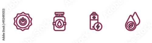 Set line Power button, Battery, Propane gas tank and Water energy icon. Vector