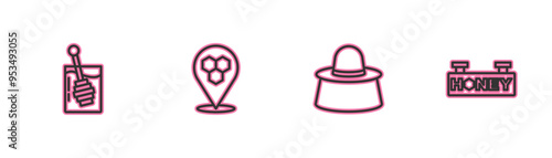 Set line Honey dipper stick, Beekeeper with protect hat, Honeycomb bee location and Hanging sign honeycomb icon. Vector
