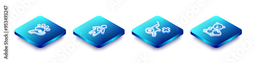 Set Isometric line Animal volunteer, Volunteer, Wheelchair for disabled person and Donate child toys icon. Vector