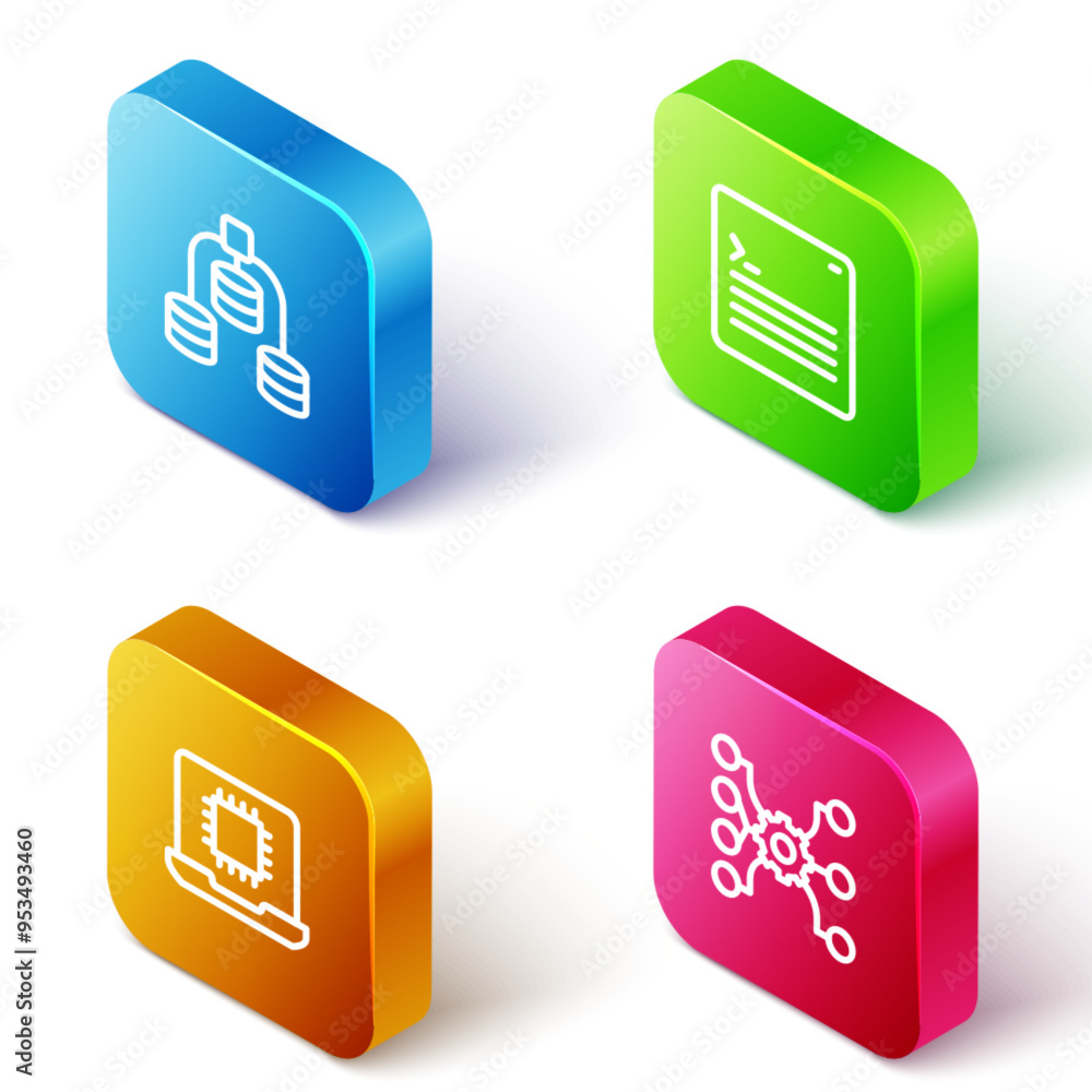 Set Isometric line Server, Data, Web developer programming code, Processor CPU and Neural network icon. Vector Set Isometric line Server, Data, Web developer programming code, Processor CPU and Neural network icon. Vector