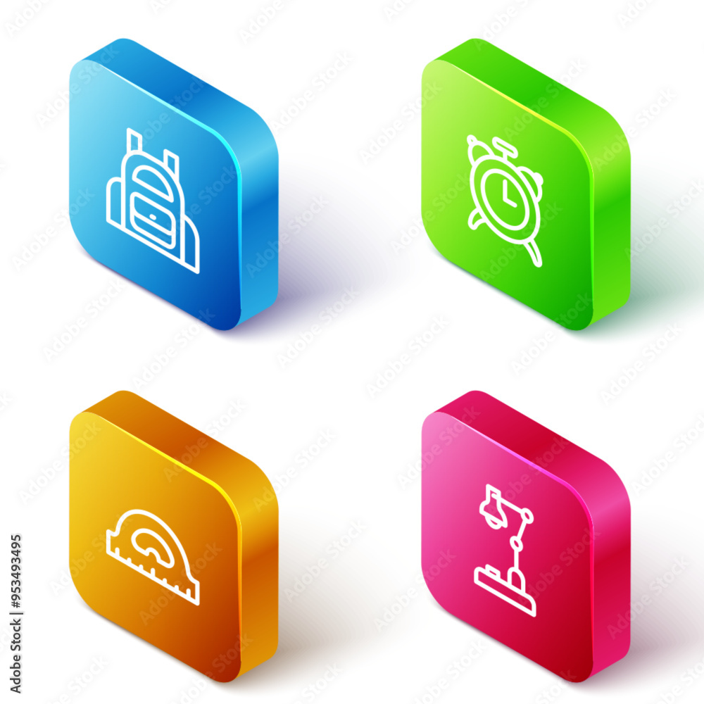 Set Isometric line School backpack, Alarm clock, Protractor grid and Table lamp icon. Vector Set Isometric line School backpack, Alarm clock, Protractor grid and Table lamp icon. Vector