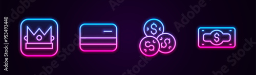 Set line King playing card, Credit, Casino chip with dollar and Stacks paper money cash. Glowing neon icon. Vector