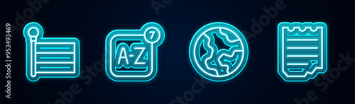 Set line Flag, Online translator, Earth globe and Notebook. Glowing neon icon. Vector