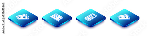 Set Isometric line Museum ticket, Online car sharing, hotel booking and Airline icon. Vector