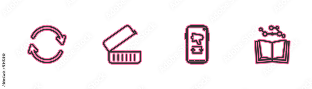 Set line Refresh, Megaphone on mobile, Lunch box and Open book icon. Vector Set line Refresh, Megaphone on mobile, Lunch box and Open book icon. Vector