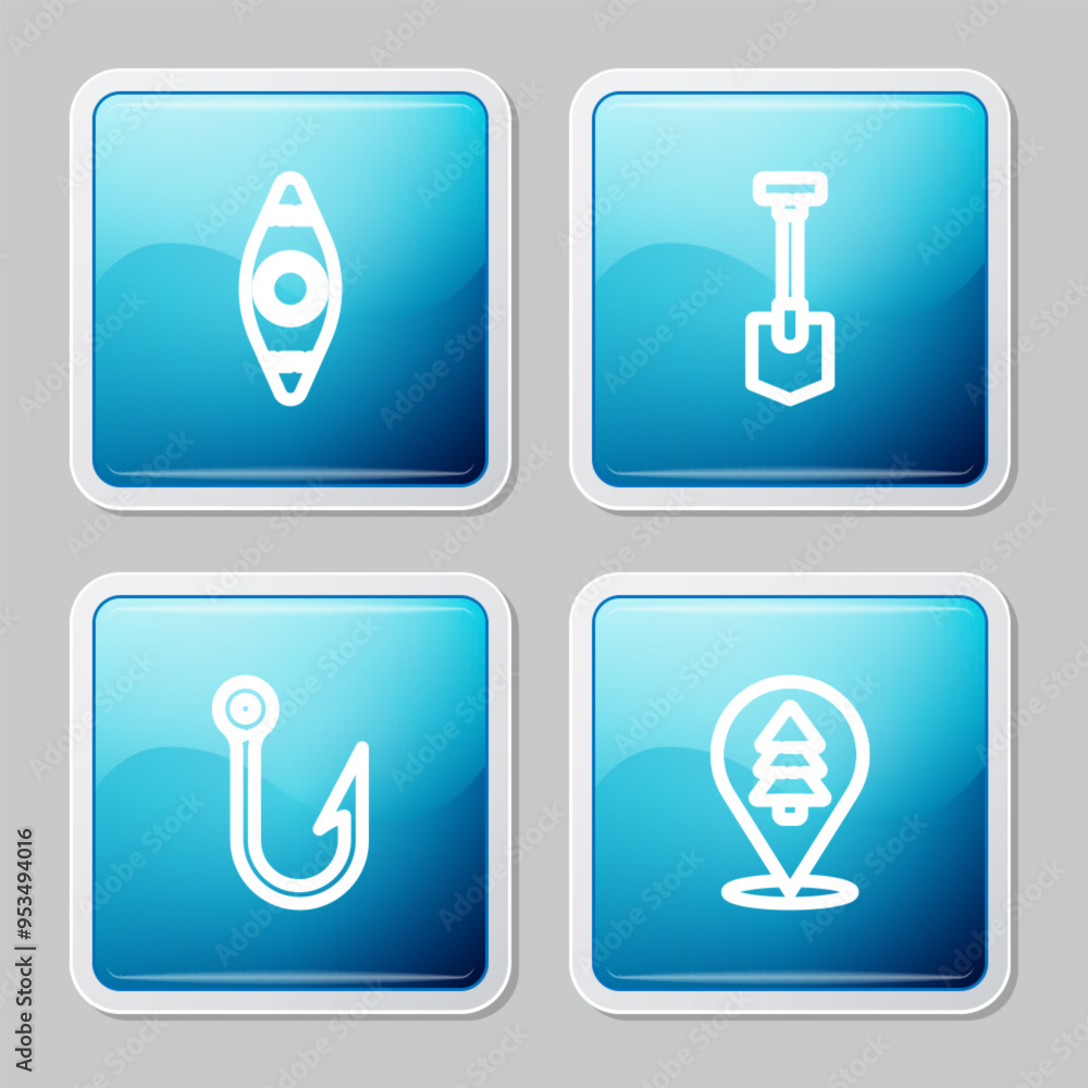Set line Kayak or canoe, Shovel, Fishing hook and Location of the forest icon. Vector Set line Kayak or canoe, Shovel, Fishing hook and Location of the forest icon. Vector
