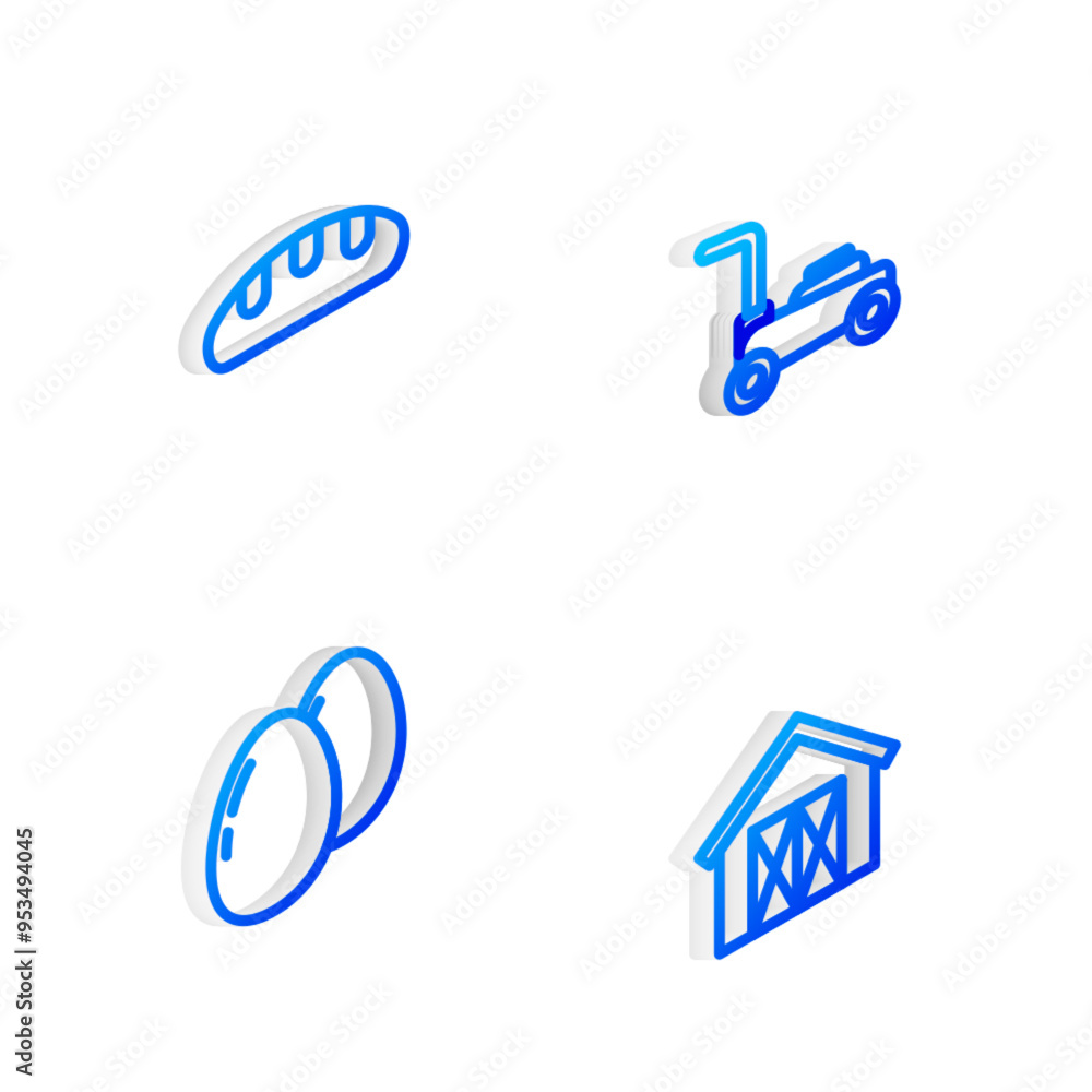 Set Isometric line Lawn mower, Bread loaf, Chicken egg and Farm house icon. Vector Set Isometric line Lawn mower, Bread loaf, Chicken egg and Farm house icon. Vector
