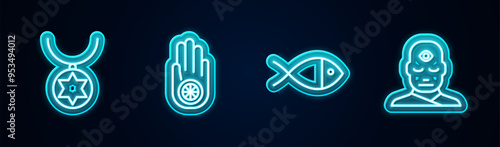 Set line Star of David necklace on chain, Jainism or Jain Dharma, Christian fish and Man with third eye. Glowing neon icon. Vector