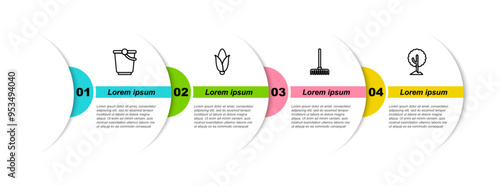 Set line Bucket, Corn, Garden rake and Tree. Business infographic template. Vector