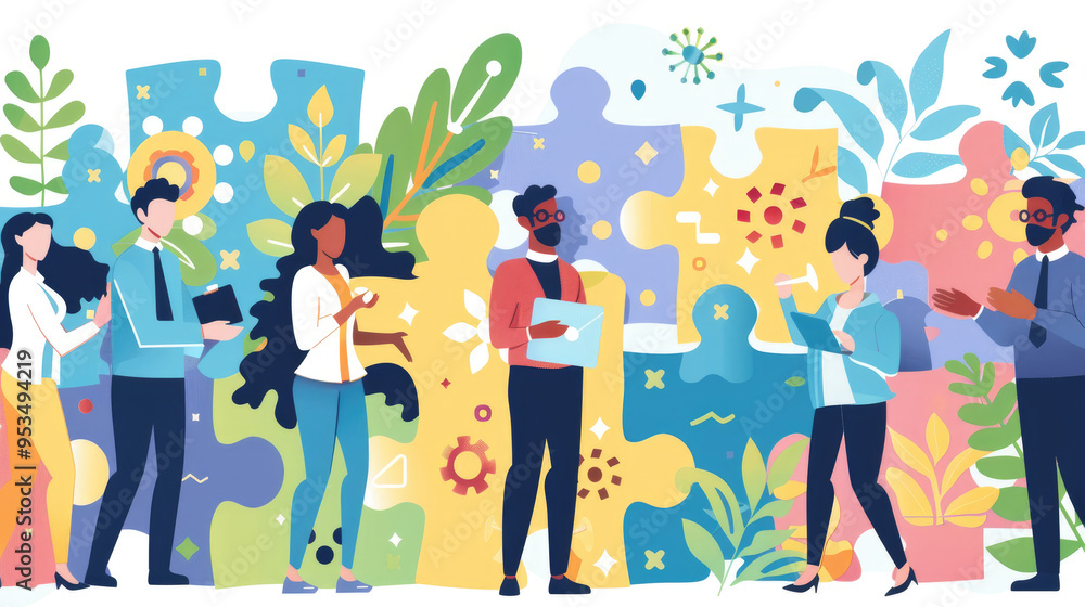 A diverse team of professionals engages in discussion and collaboration in a vibrant office setting filled with creative energy A diverse team of professionals engages in discussion and collaboration in a vibrant office setting filled with creative energy