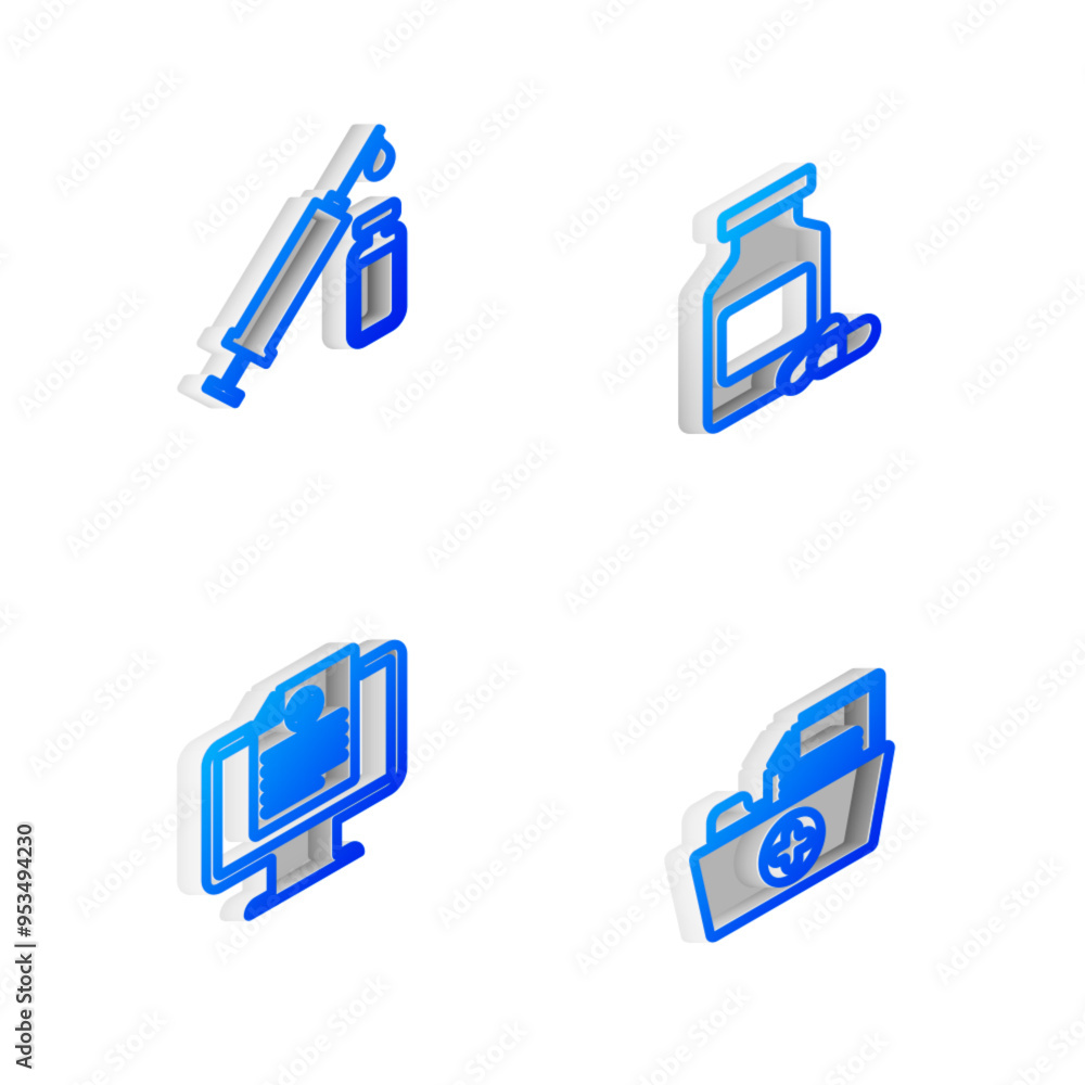 Set Isometric line Medicine bottle and pills, Medical syringe vial, Clinical record on monitor and Health folder icon. Vector Set Isometric line Medicine bottle and pills, Medical syringe vial, Clinical record on monitor and Health folder icon. Vector