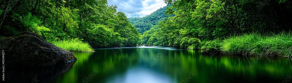 Calm River Flowing Through Lush Green Forest Calm River Flowing Through Lush Green Forest