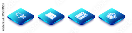 Set Isometric line Speaker mute, Medical clinical record, Paper financial check and Shopping basket icon. Vector