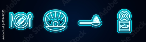 Set line Served cucumber on a plate, Shell with pearl, Caviar spoon and Canned fish. Glowing neon icon. Vector
