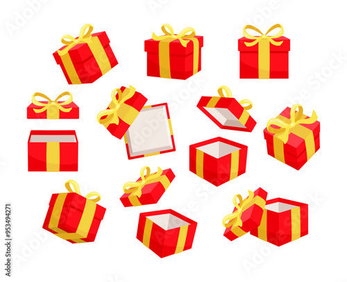 Red gift boxes with yellow ribbons are opening and closing against a white background