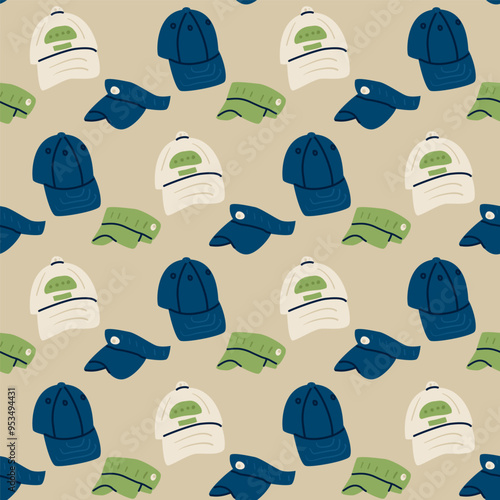 Caps and headbands seamless pattern. Tennis cap repeat background. Vector flat continuous surface design.