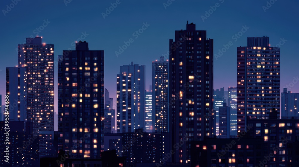 A city skyline at night with many buildings lit up A city skyline at night with many buildings lit up
