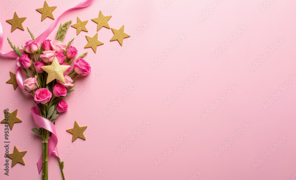 Card template with flowers, stars and ribbons on pink background. Card template with flowers, stars and ribbons on pink background.