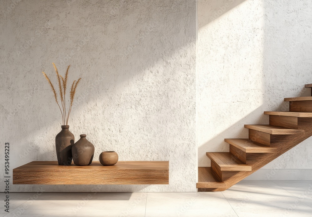 wall with a wooden staircase and console table, concrete walls wall with a wooden staircase and console table, concrete walls