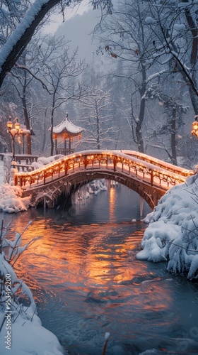 A serene winter scene featuring a glowing bridge over a tranquil river, surrounded by snow-covered trees. photo