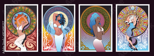 Beauty Women Art Nouveau Posters, 1900s- 1920s Style Illustrations, Mosaic Backgrounds, Sexy Girls, Retro Colors and Style
