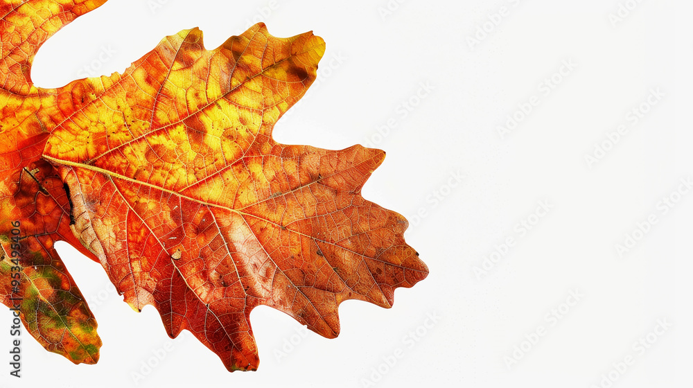 Aesthetic oak leaf with vibrant autumn colors, copy space, white background, presentation template. Generative AI Aesthetic oak leaf with vibrant autumn colors, copy space, white background, presentation template. Generative AI