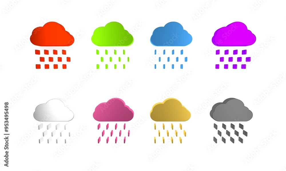 Colorful Cloud with rain icon isolated on white background. Rain cloud precipitation with rain drops. Minimalism concept. 3D render illustration Colorful Cloud with rain icon isolated on white background. Rain cloud precipitation with rain drops. Minimalism concept. 3D render illustration