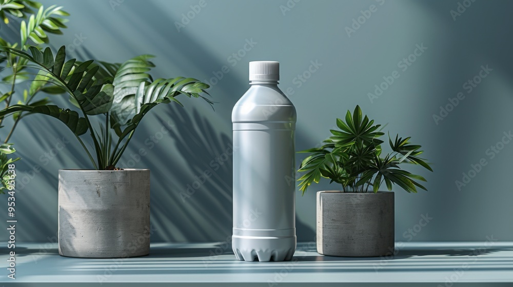 Plants in concrete pots on blue wall background. Plants in concrete pots on blue wall background.