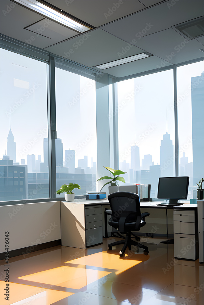 A modern office with large windows showcasing a city skyline. Sunlight fills the minimalist space, with a desk, computer, and plants, creating a bright and organized work environment. A modern office with large windows showcasing a city skyline. Sunlight fills the minimalist space, with a desk, computer, and plants, creating a bright and organized work environment.