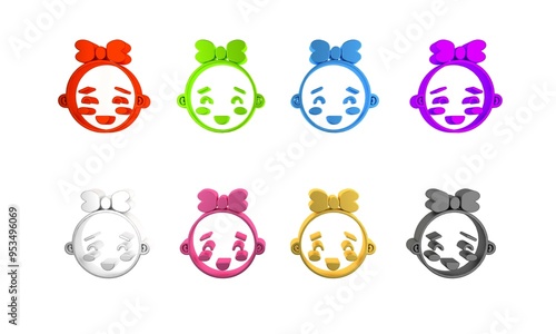 Colorful Happy little girl head icon isolated on white background. Face of baby girl. Minimalism concept. 3D render illustration