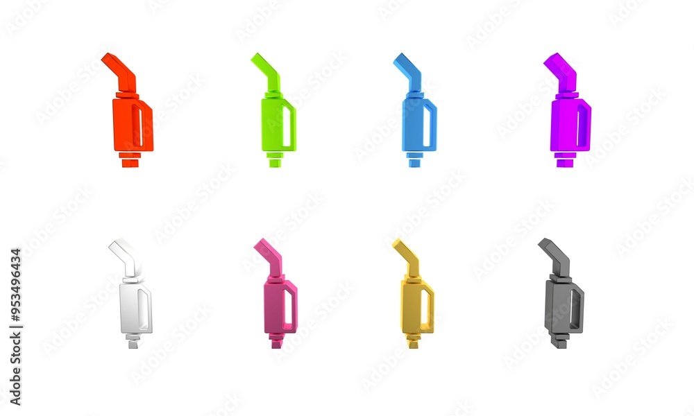 Colorful Gasoline pump nozzle icon isolated on white background. Fuel pump petrol station. Refuel service sign. Gas station icon. Minimalism concept. 3D render illustration Colorful Gasoline pump nozzle icon isolated on white background. Fuel pump petrol station. Refuel service sign. Gas station icon. Minimalism concept. 3D render illustration