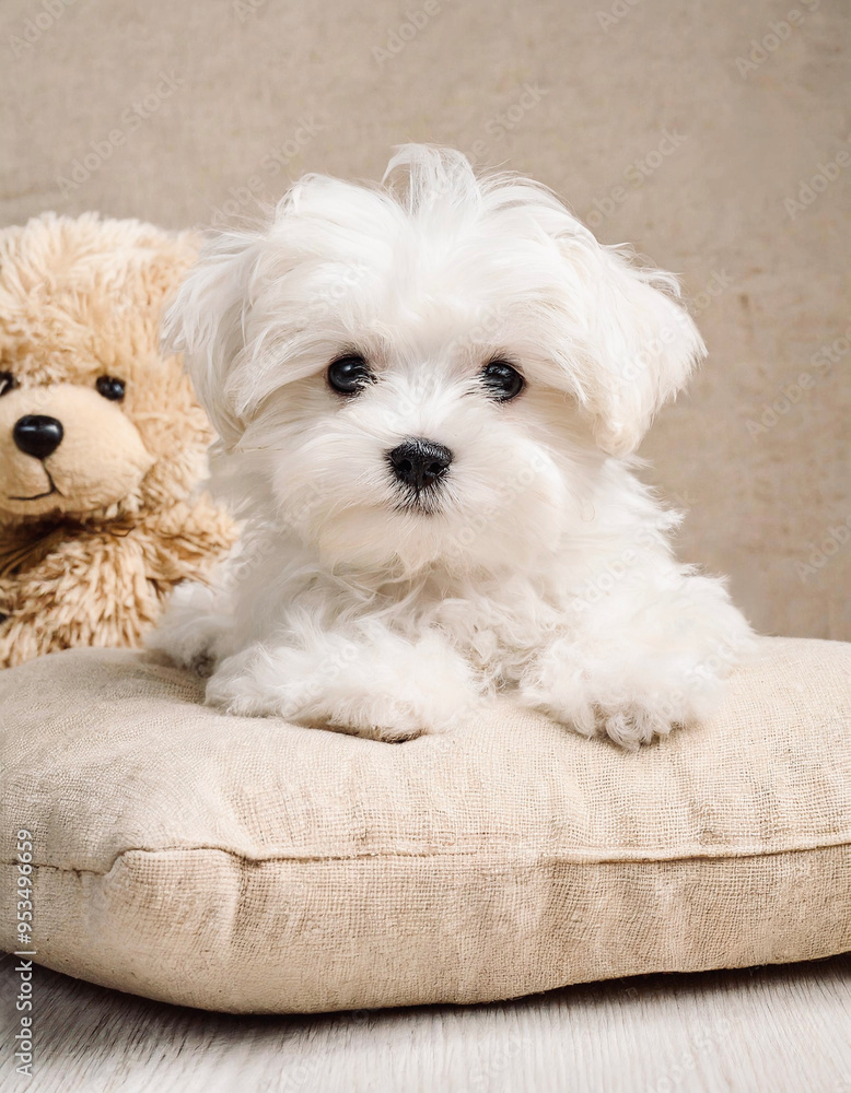 Young white puppy lying on the sofa.
Young white puppy lying on the sofa.