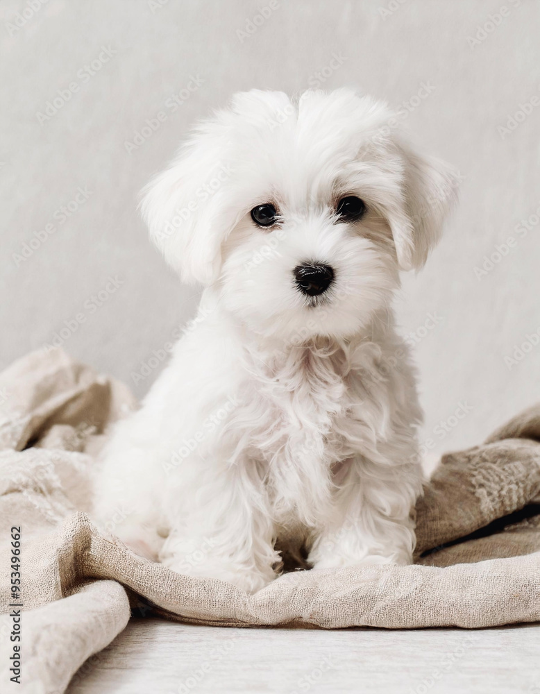 Young white puppy sitting on sofa. Young white puppy sitting on sofa.