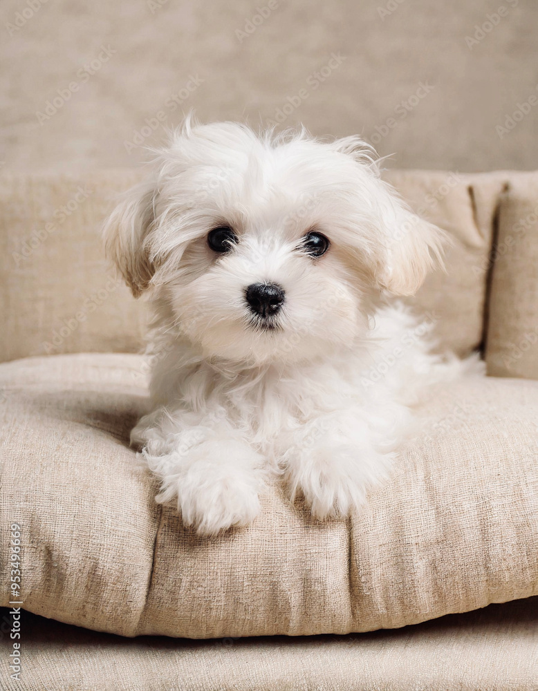 Young white puppy lying on the sofa.
Young white puppy lying on the sofa.