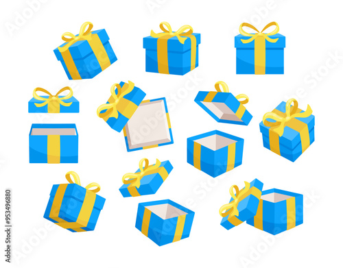 Set of blue gift boxes with yellow ribbons are floating and rotating, some of them are open and empty while others are closed