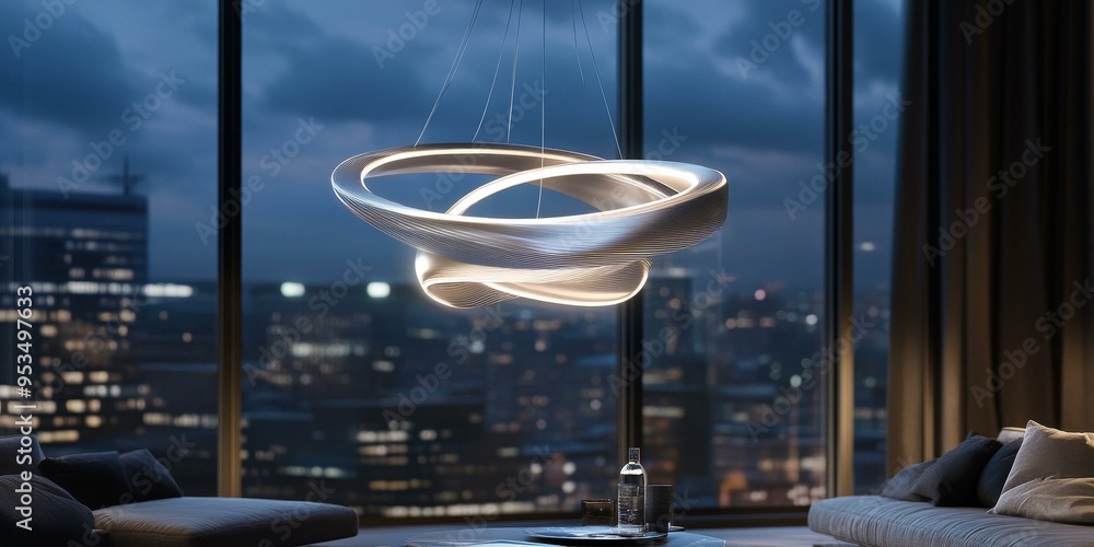 Modern chandelier, city view, couch, and table. Modern chandelier, city view, couch, and table.